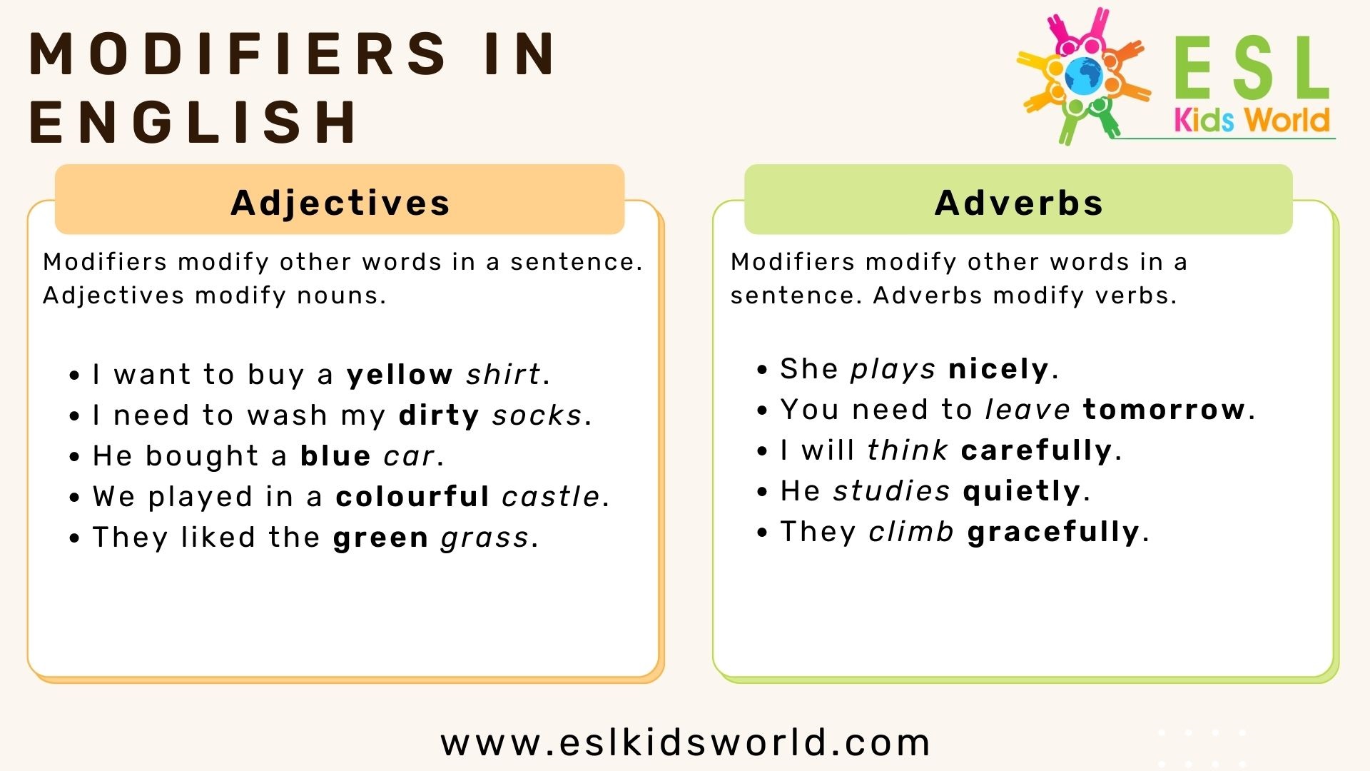 Adjective Modifier Worksheets