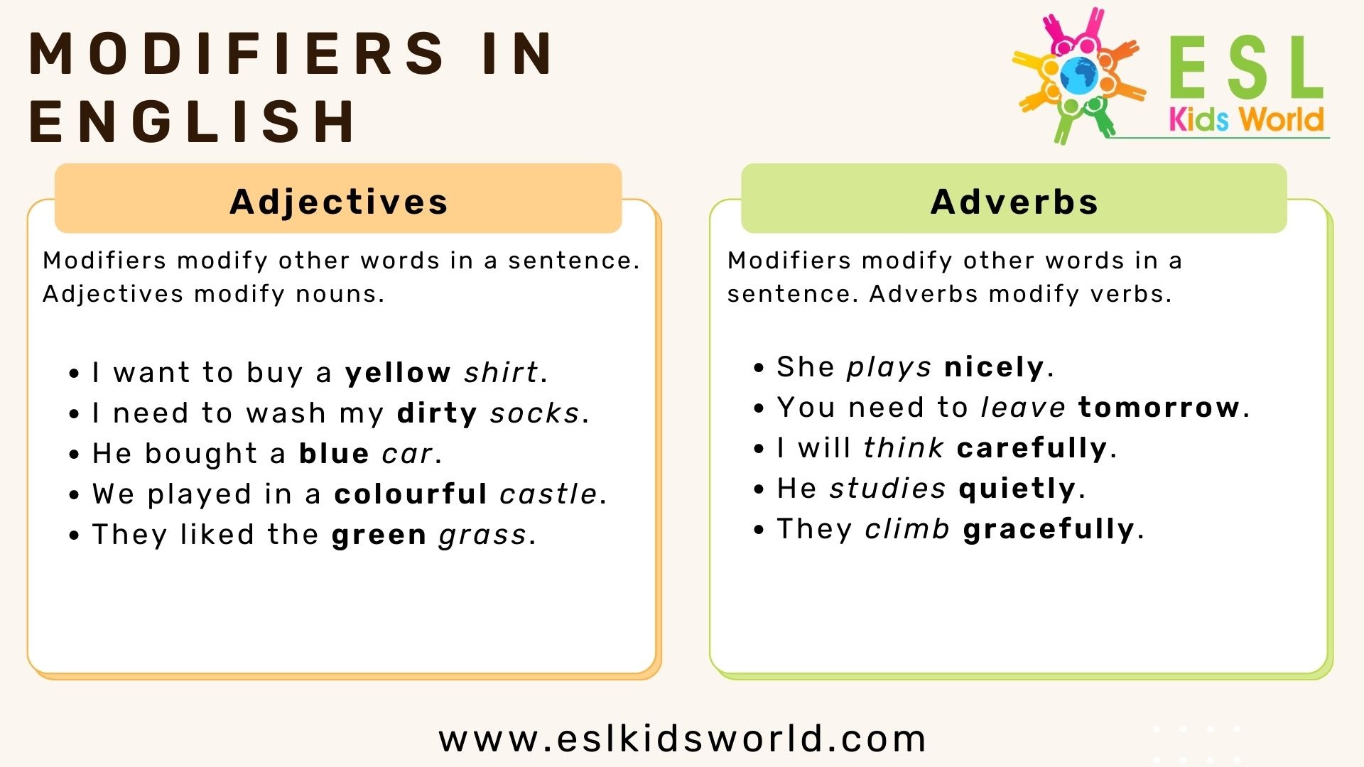 Modifier Examples What is a Modifier? ESL Kids World